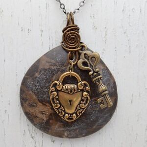 Portoro Marble Pendant Necklace with Vintage Lock